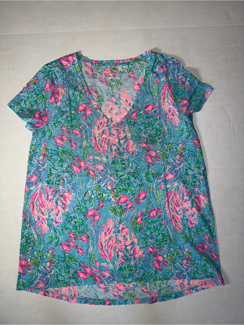 Lilly Pulitzer Blue & Pink Floral V-Neck Short Sleeve Top